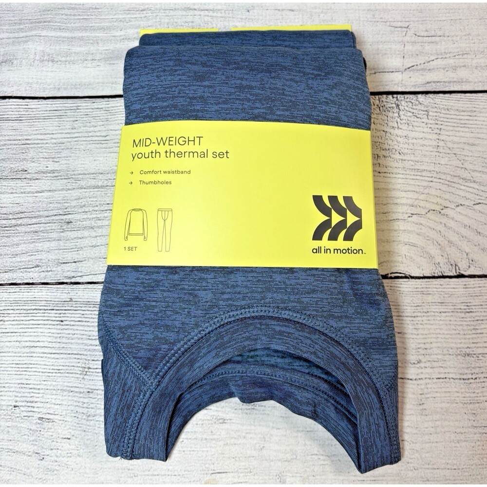 All In Motion Midweight Youth Thermal Set Sz L 10/12 Heather Blue Stretch NWT